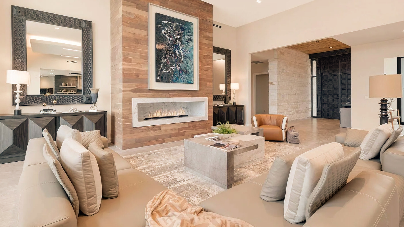 Close-up view of custom wooden furniture in a Texas bespoke home living room