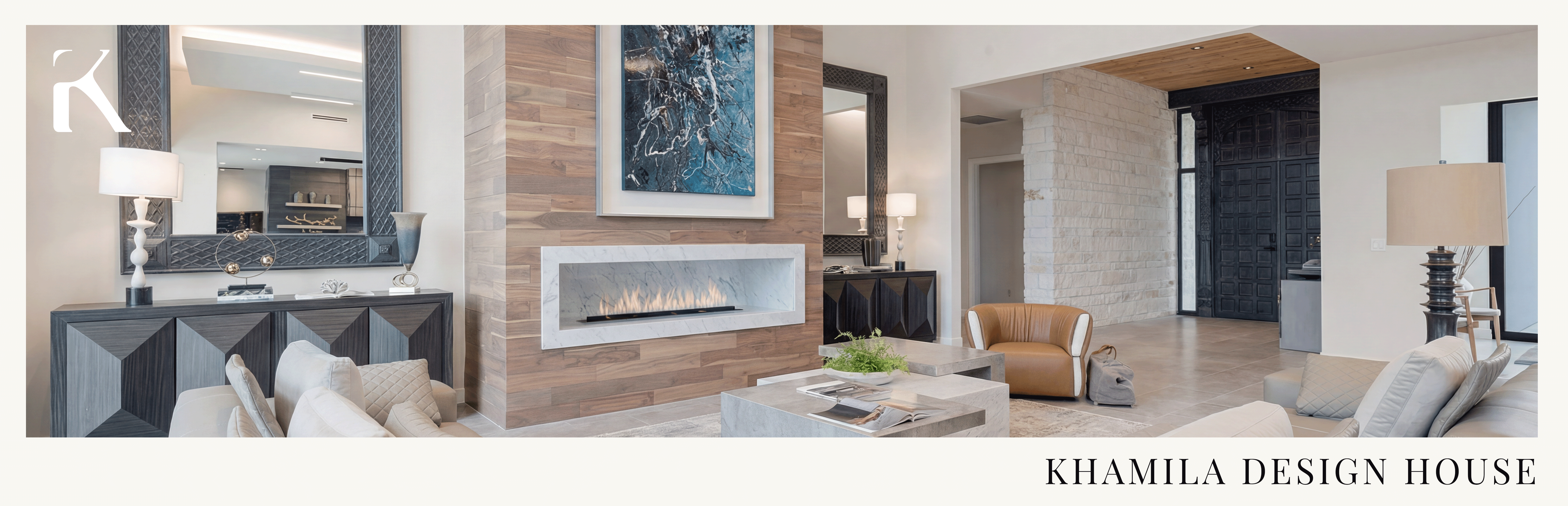 Luxury furnished living space by Khamila Design House featuring custom millwork, modern linear fireplace, stone accent walls, and curated high-end furnishings. Refined interior design reflecting integrated Luxury Architecture in Texas and bespoke custom home design in San Antonio and the Texas Hill Country.